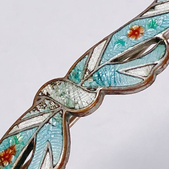 Vintage Guilloche Enamel Ribbon Bow Floral Bar Brooch 1920s 1930s Blue Jewelry - Picture 6 of 11